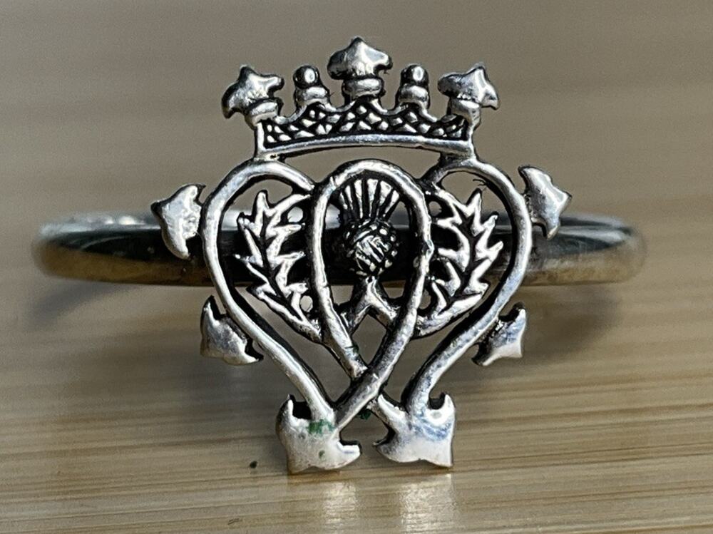 Vintage Sterling Silver Scottish Claddagh Ring Crown Heart Thistle Size 9